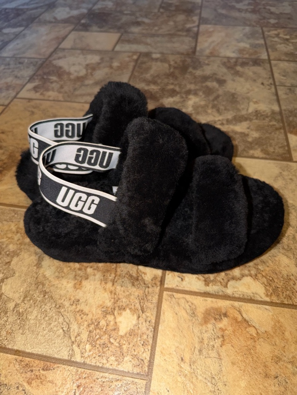 UGG Black Shearling Slide with Branded Strap